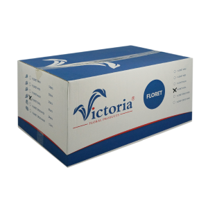 Karton zbiorczy Victoria Floral Products zawierający 21 sztuk floretów owalnych z gąbką florystyczną przeznaczoną do kompozycji z kwiatów żywych, gotowy do przechowywania.
