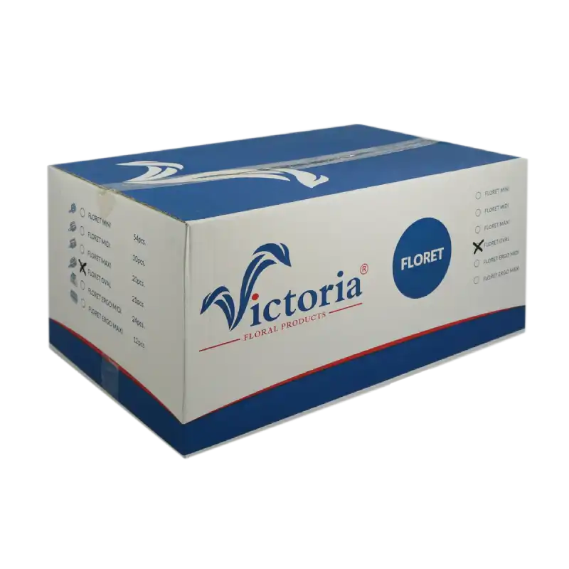 Karton zbiorczy Victoria Floral Products zawierający 21 sztuk floretów owalnych z gąbką florystyczną przeznaczoną do kompozycji z kwiatów żywych, gotowy do przechowywania.