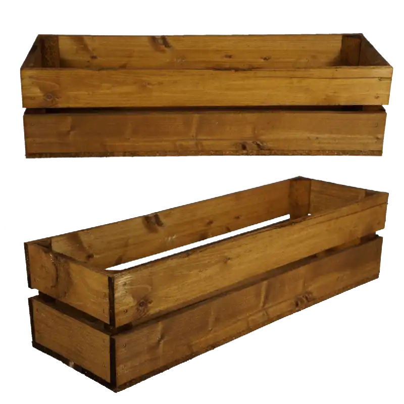 Drewniana skrzynka balkonowa w kolorze orzech o długości 62 cm. Prezentuje prostokątny kształt, idealny jako kwietnik lub donica do ogrodu, na taras oraz do aranżacji nowoczesnych wnętrz mieszkalnych.