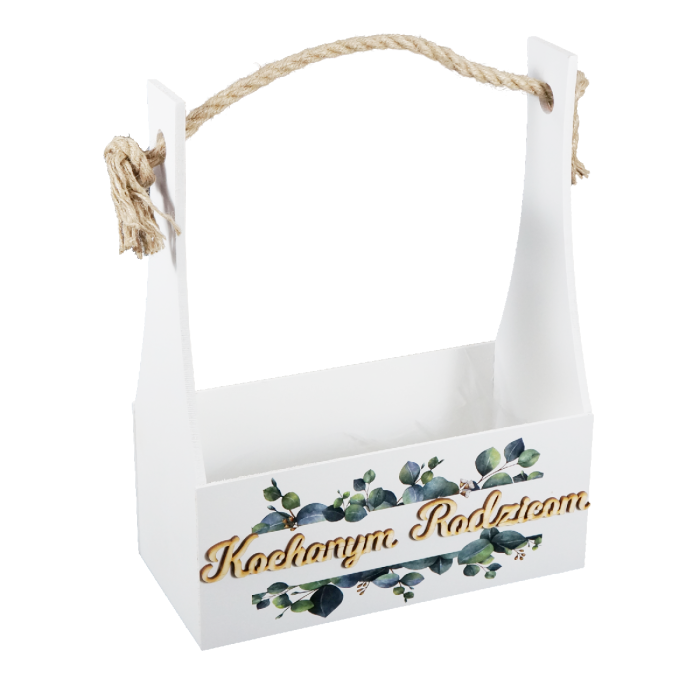 Biała drewniana skrzynka prezentowa na podziękowanie dla rodziców o wymiarach 35x28x14 cm. Posiada jednostronny nadruk roślinny i wygodny uchwyt ze sznura na górze.