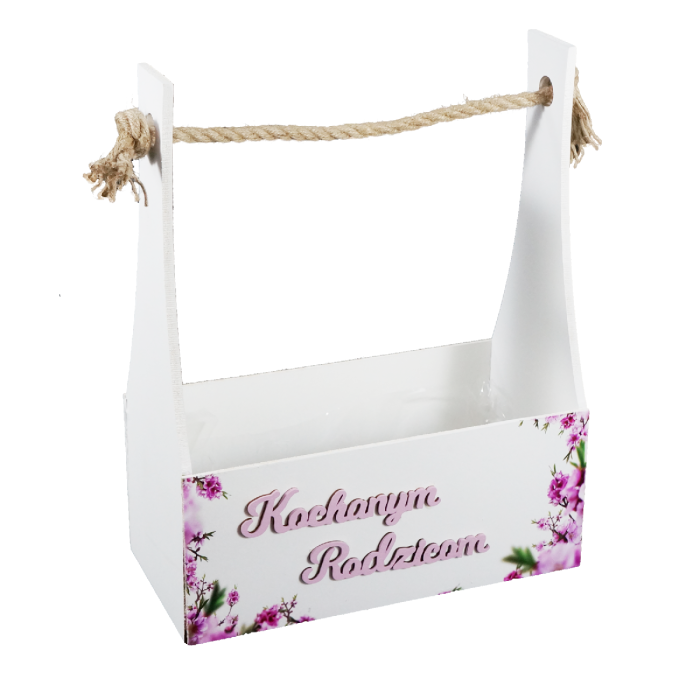 Biała drewniana skrzynka na podziękowanie dla rodziców o wymiarach 35x28 cm z jednostronnym różowym nadrukiem kwiatowym i uchwytem ze sznura.
