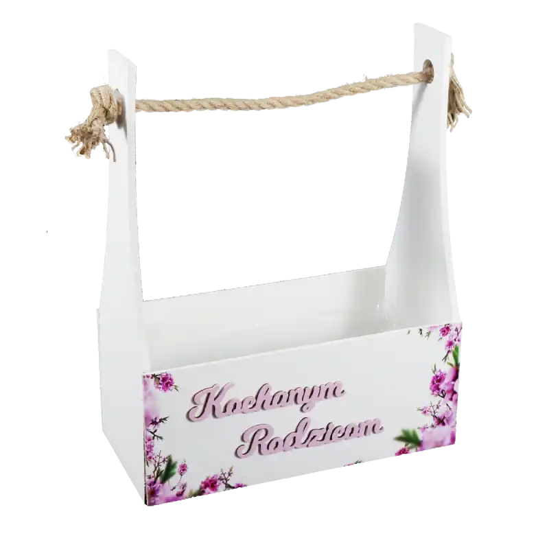 Biała drewniana skrzynka na podziękowanie dla rodziców o wymiarach 35x28 cm z jednostronnym różowym nadrukiem kwiatowym i uchwytem ze sznura.