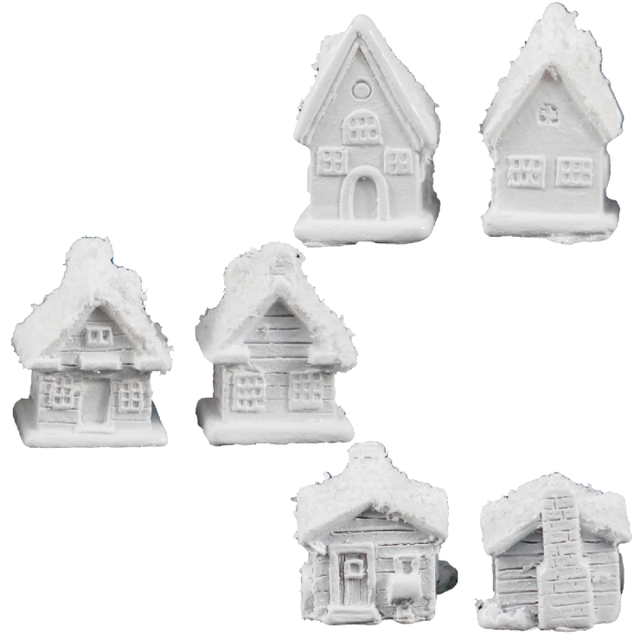 Zestaw 6 miniaturowych domków do lasu w słoiku o wysokościach 2,5 cm, 3 cm i 3,5 cm. Dekoracje z detalem imitującym śnieg na dachach.