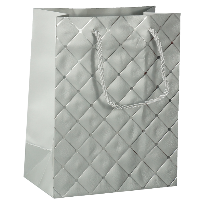 Srebrna torebka prezentowa o wymiarach 23x18x10 cm z ozdobnym pikowaniem. Posiada sznurkowe uchwyty oraz wzmocnione dno.