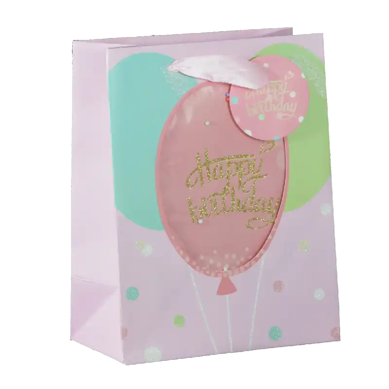 Papierowa torebka prezentowa dla dzieci o wymiarach 23x18x10 cm. Model z ozdobnym balonem 3D, bilecikiem Happy Birthday, wygodnymi uchwytami i wzmocnionym dnem.