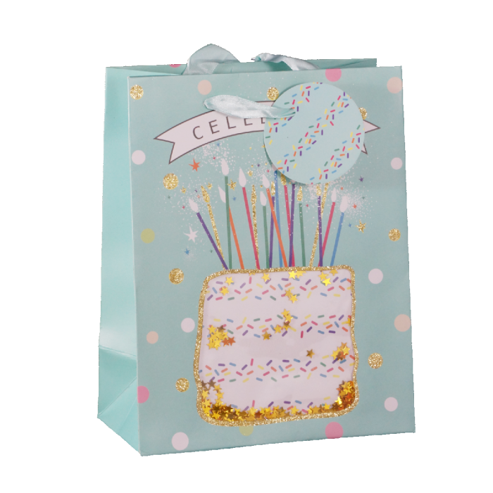 Torebka prezentowa dla dzieci z nadrukiem tortu urodzinowego, wymiary 23x18x10 cm, wyposażona w bilecik do personalizacji.