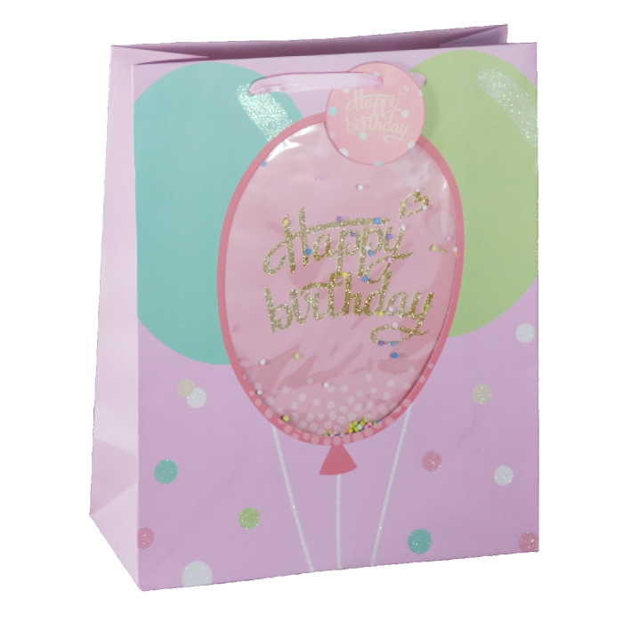 Różowa torebka prezentowa dla dzieci 32x26x12 cm z wypukłym balonem 3D i złotym napisem Happy Birthday. Idealna na upominki.