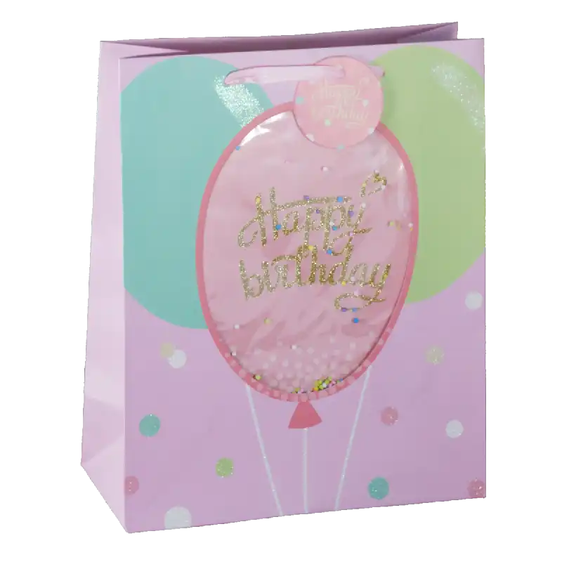 Różowa torebka prezentowa dla dzieci 32x26x12 cm z wypukłym balonem 3D i złotym napisem Happy Birthday. Idealna na upominki.