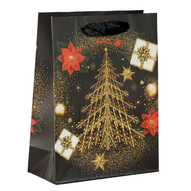 Świąteczna torebka prezentowa 24x18x8 cm z motywem choinki, czarnym uchwytem i złotym brokatem. Eleganckie opakowanie na prezenty.