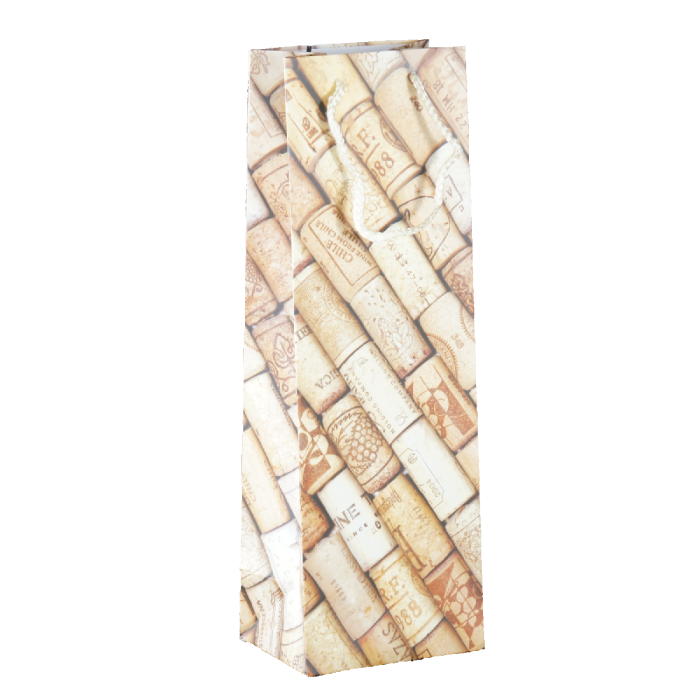 Pionowa torebka prezentowa na wino o wymiarach 36x12x9 cm z realistycznym nadrukiem korków. Elegancka oprawa na butelkę.