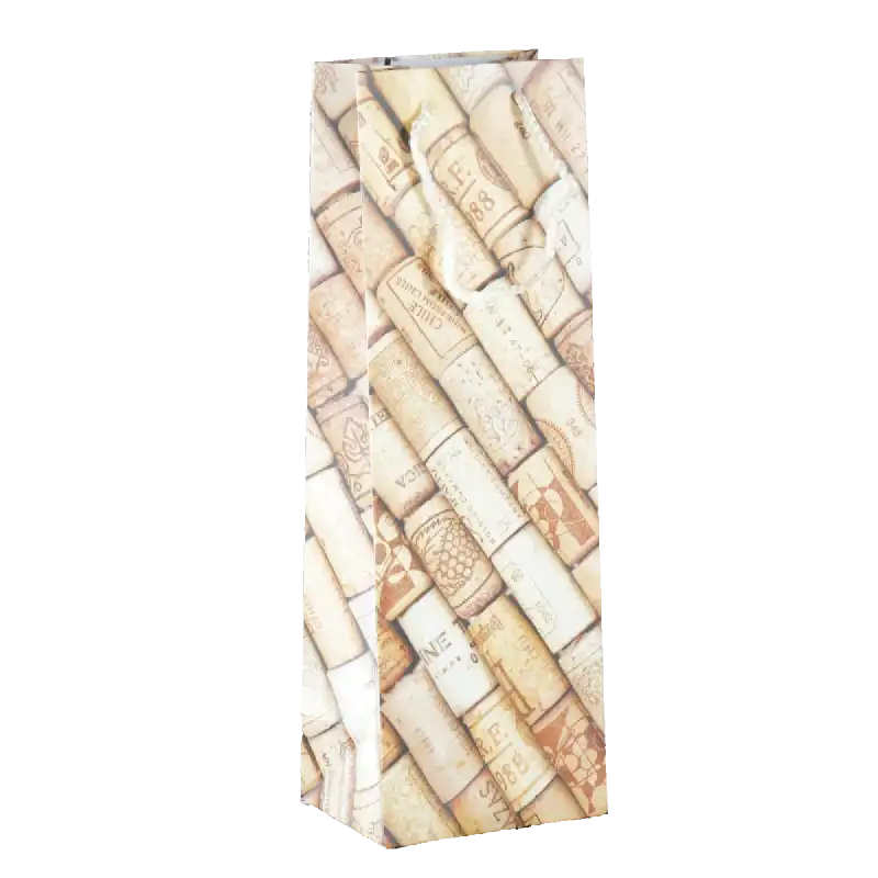 Pionowa torebka prezentowa na wino o wymiarach 36x12x9 cm z realistycznym nadrukiem korków. Elegancka oprawa na butelkę.