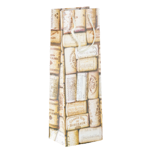 Pionowa torebka prezentowa na wino o wymiarach 36x12x9 cm z wyraźnym nadrukiem motywu korków winiarskich i jasnymi sznurkami.