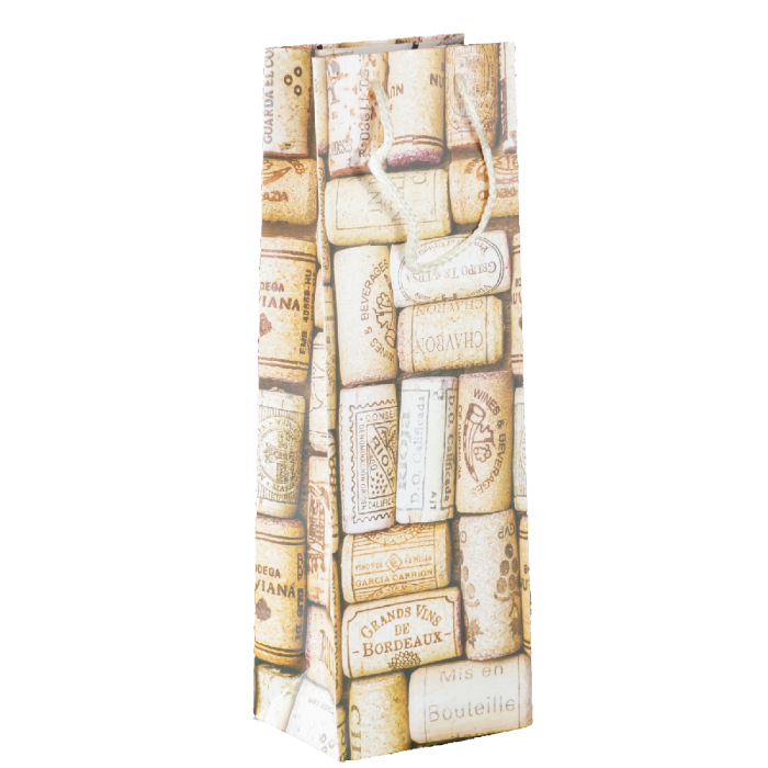 Pionowa torebka prezentowa na wino o wymiarach 36x12x9 cm z wyraźnym nadrukiem motywu korków winiarskich i jasnymi sznurkami.