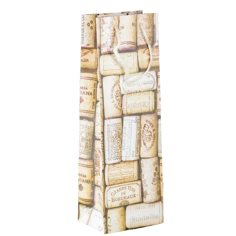 Pionowa torebka prezentowa na wino o wymiarach 36x12x9 cm z wyraźnym nadrukiem motywu korków winiarskich i jasnymi sznurkami.