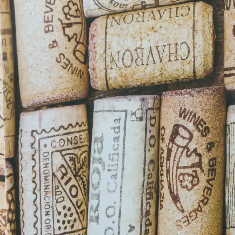 Szczegółowy widok nadruku przedstawiającego różne wzory korków od butelek wina, widoczne logotypy i detale graficzne.
