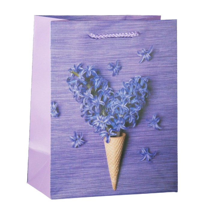 Fioletowa torebka prezentowa 23x18x10 cm z nadrukiem kwiatów w kształcie serca w rożku. Idealna dla Niej na upominki.