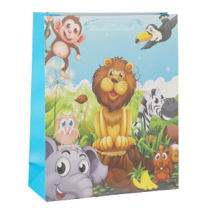 Kolorowa torebka prezentowa dla dzieci 32x26x10 cm z nadrukiem zwierząt z dżungli. Całość prezentuje się okazale.