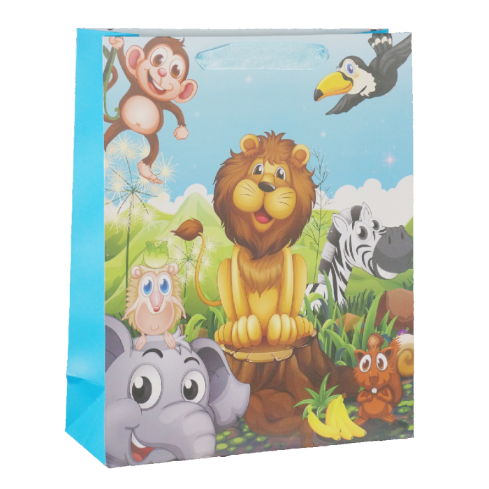 Kolorowa torebka prezentowa dla dzieci 32x26x10 cm z nadrukiem zwierząt z dżungli. Całość prezentuje się okazale.