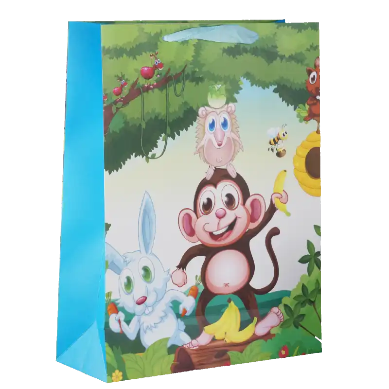 Kolorowa torebka prezentowa dla dzieci o wymiarach 40x30x12 cm z wesołym nadrukiem leśnych zwierząt, w tym małpki i króliczka.