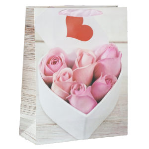 Torebka prezentowa flower box 32x26x10 cm z wiosennym motywem kwiatowym i różowymi różami. Eleganckie opakowanie dla niej z wzmocnionym spodem.