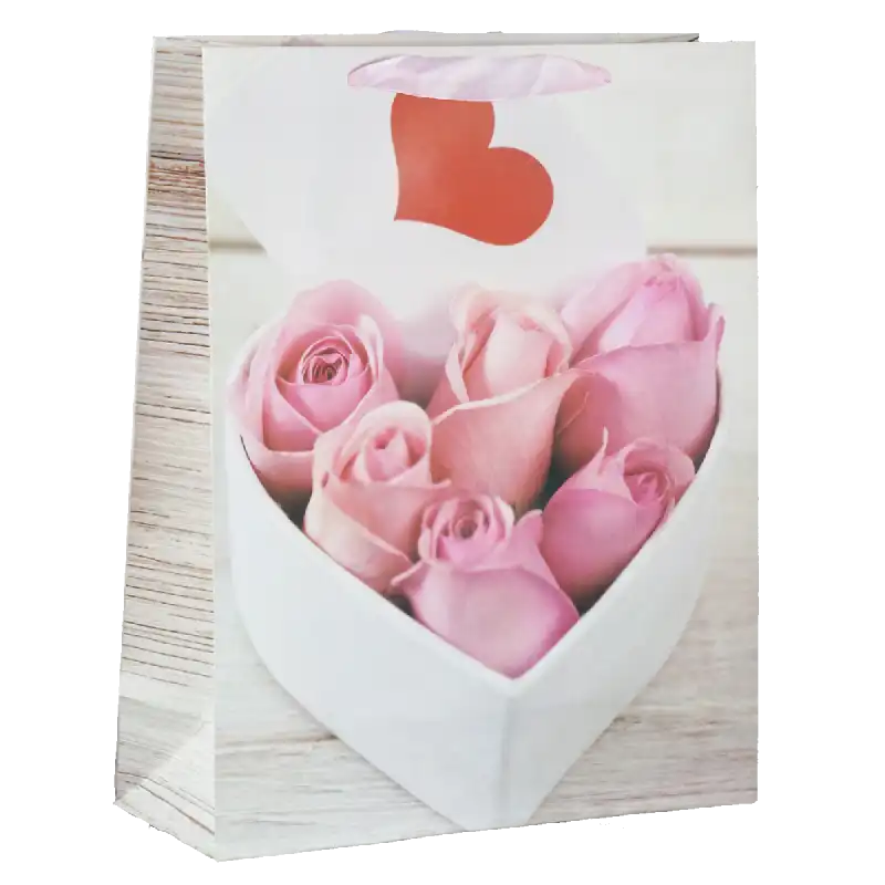 Torebka prezentowa flower box 32x26x10 cm z wiosennym motywem kwiatowym i różowymi różami. Eleganckie opakowanie dla niej z wzmocnionym spodem.