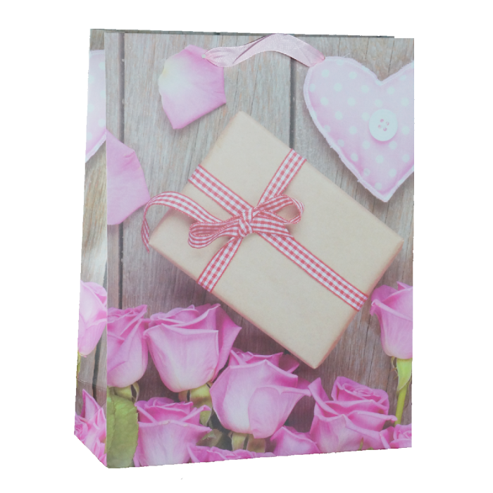 Torebka prezentowa dla niej o wymiarach 40x31x12 cm z motywem róż i serca. Posiada dwa wygodne uchwyty ułatwiające przenoszenie prezentów.
