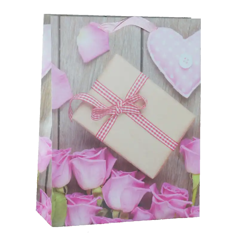 Torebka prezentowa dla niej o wymiarach 40x31x12 cm z motywem róż i serca. Posiada dwa wygodne uchwyty ułatwiające przenoszenie prezentów.
