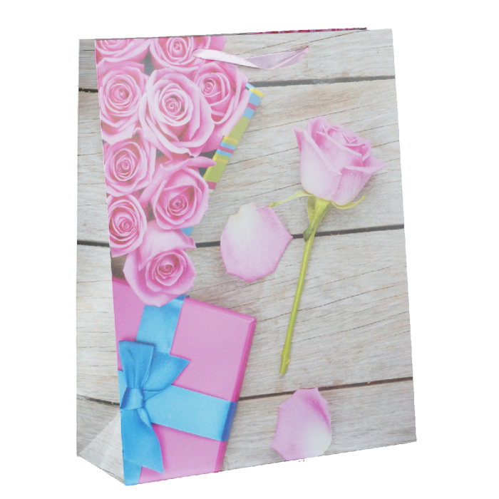 Torebka prezentowa z różą 40x31x12 cm z motywem kwiatów i pudełka z wstążką. Estetyczne opakowanie na prezent dla niej na urodziny czy rocznicę.