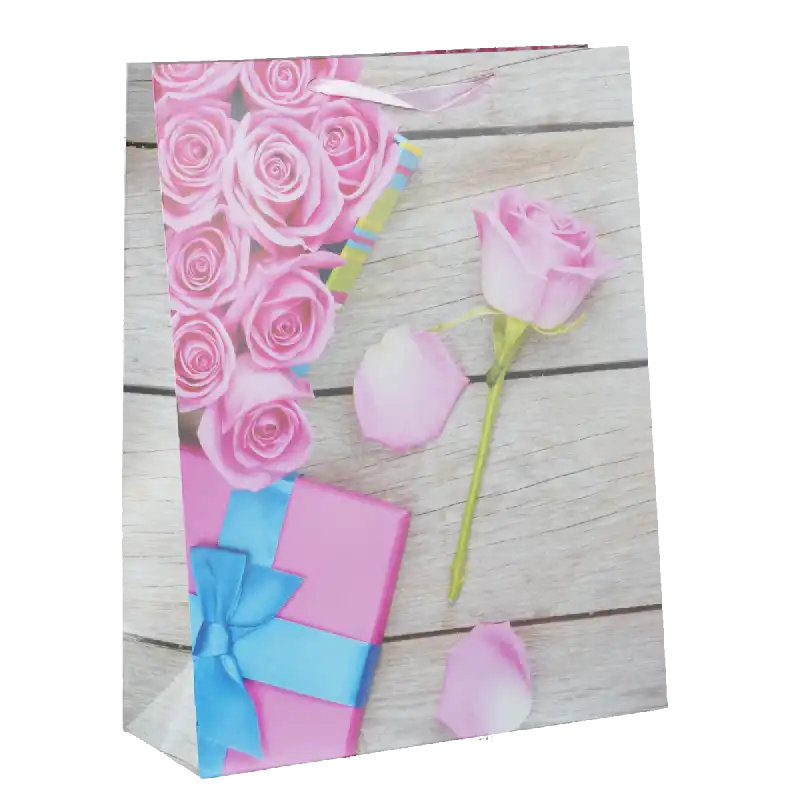 Torebka prezentowa z różą 40x31x12 cm z motywem kwiatów i pudełka z wstążką. Estetyczne opakowanie na prezent dla niej na urodziny czy rocznicę.