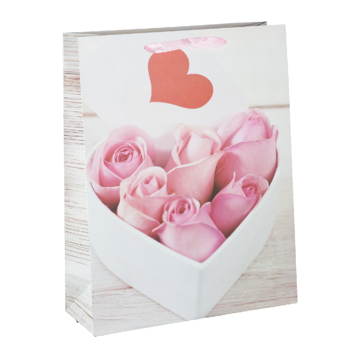 Torebka prezentowa 40x31x12 cm z różami i sercem. Estetyczne opakowanie z uchwytami, idealne na upominki dla niej.