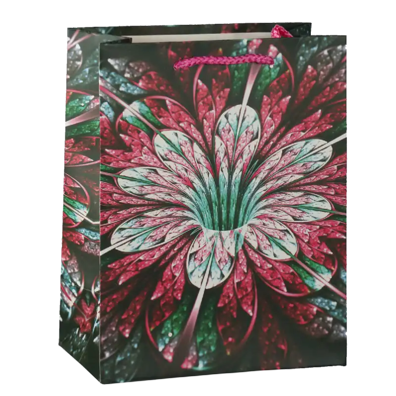 Torebka prezentowa dla niej o wymiarach 23x18x10 cm z efektownym roślinnym nadrukiem, wyposażona w dwa wygodne uchwyty ułatwiające przenoszenie.