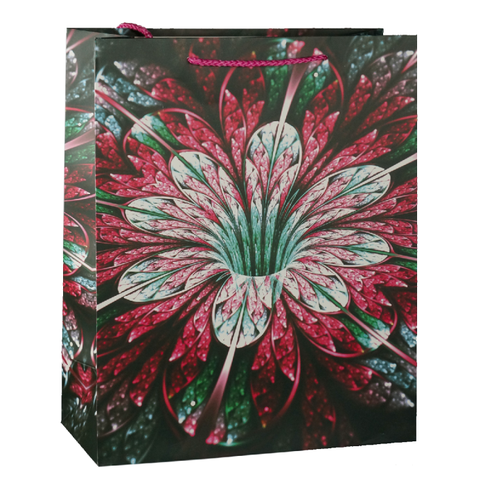 Pionowa torebka prezentowa dla niej o wymiarach 32x26x12 cm z ozdobnym nadrukiem kwiatów w odcieniach czerwieni i zieleni oraz dopasowanymi uchwytami.