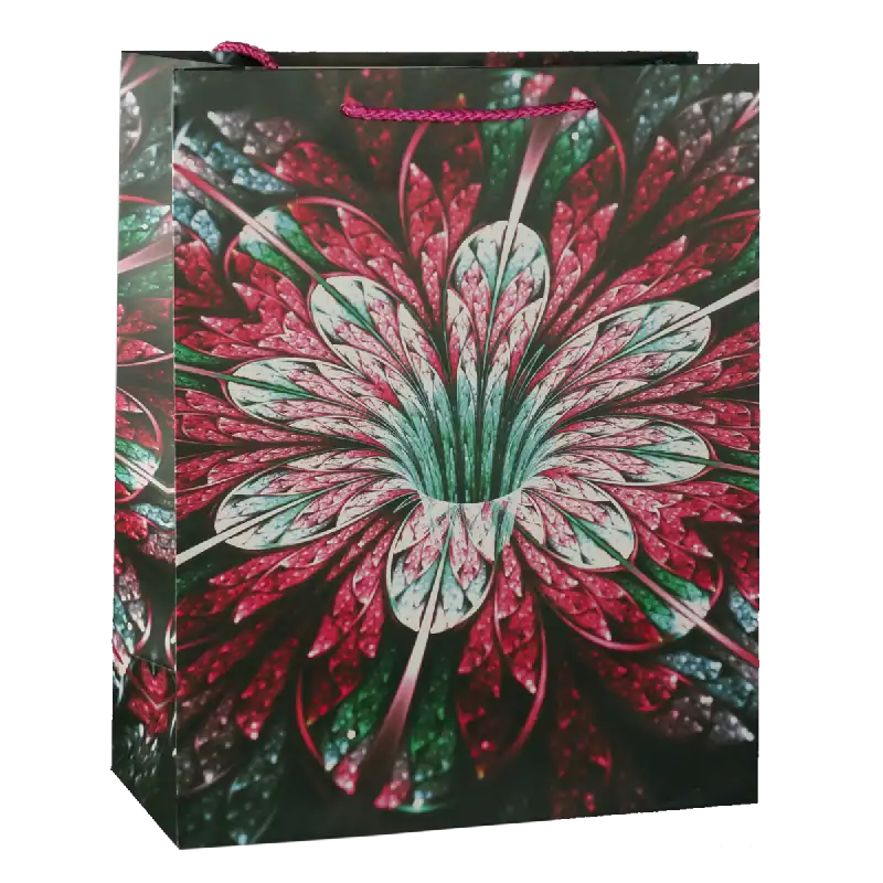 Pionowa torebka prezentowa dla niej o wymiarach 32x26x12 cm z ozdobnym nadrukiem kwiatów w odcieniach czerwieni i zieleni oraz dopasowanymi uchwytami.