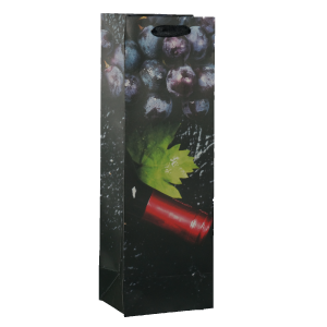 Wysoka torebka prezentowa na wino o wymiarach 36x12x9 cm. Ozdobiona nadrukiem butelki wina i winogron, posiada czarny uchwyt ze sznurka polipropylenowego.