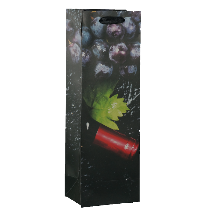 Wysoka torebka prezentowa na wino o wymiarach 36x12x9 cm. Ozdobiona nadrukiem butelki wina i winogron, posiada czarny uchwyt ze sznurka polipropylenowego.
