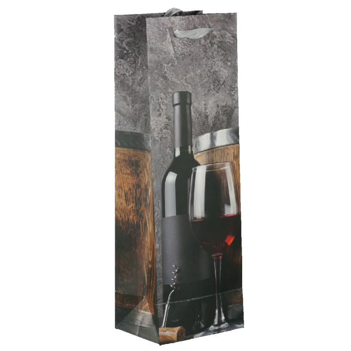 Torebka prezentowa na wino o wymiarach 36x12x9 cm z nadrukiem butelki i kieliszka. Posiada sznurkowy uchwyt i dno.