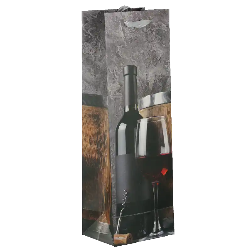 Torebka prezentowa na wino o wymiarach 36x12x9 cm z nadrukiem butelki i kieliszka. Posiada sznurkowy uchwyt i dno.