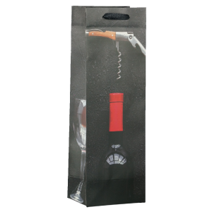 Torebka prezentowa na wino 36x12x9 cm z nadrukiem butelki i korkociągu. Model ze sznurkowym uchwytem i wzmocnionym dnem w ujęciu frontalnym.