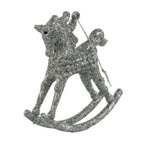 Srebrny konik na biegunach w pełnym profilu. Detal dekoracyjny do zawieszki na choinkę o wymiarach 10x10 cm.