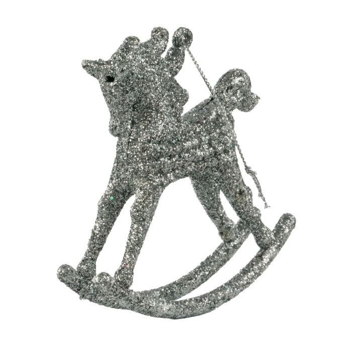 Srebrny konik na biegunach w pełnym profilu. Detal dekoracyjny do zawieszki na choinkę o wymiarach 10x10 cm.
