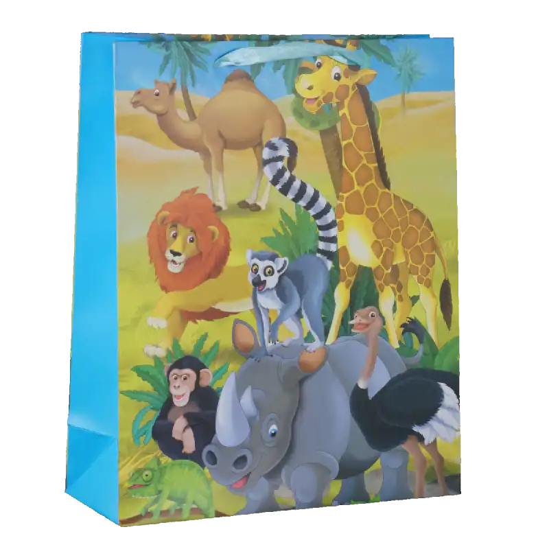 Torebka prezentowa dla dzieci o wymiarach 32x26x10 cm z wesołą grafiką egzotycznych zwierząt na błękitnym tle.