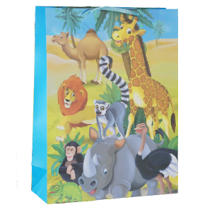 Kolejne ujęcie torebki prezentowej dla dzieci o wymiarach 40x30x12 cm przedstawiające cały zestaw zwierząt z dżungli.