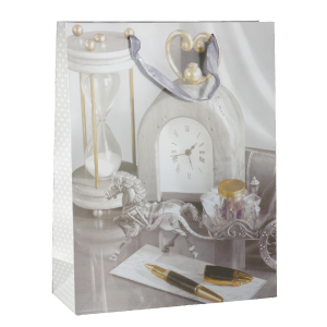 Pojemna torebka prezentowa o wymiarach 40x31x12 cm z eleganckim nadrukiem w odcieniach szarości. Idealna na upominki dla niego.