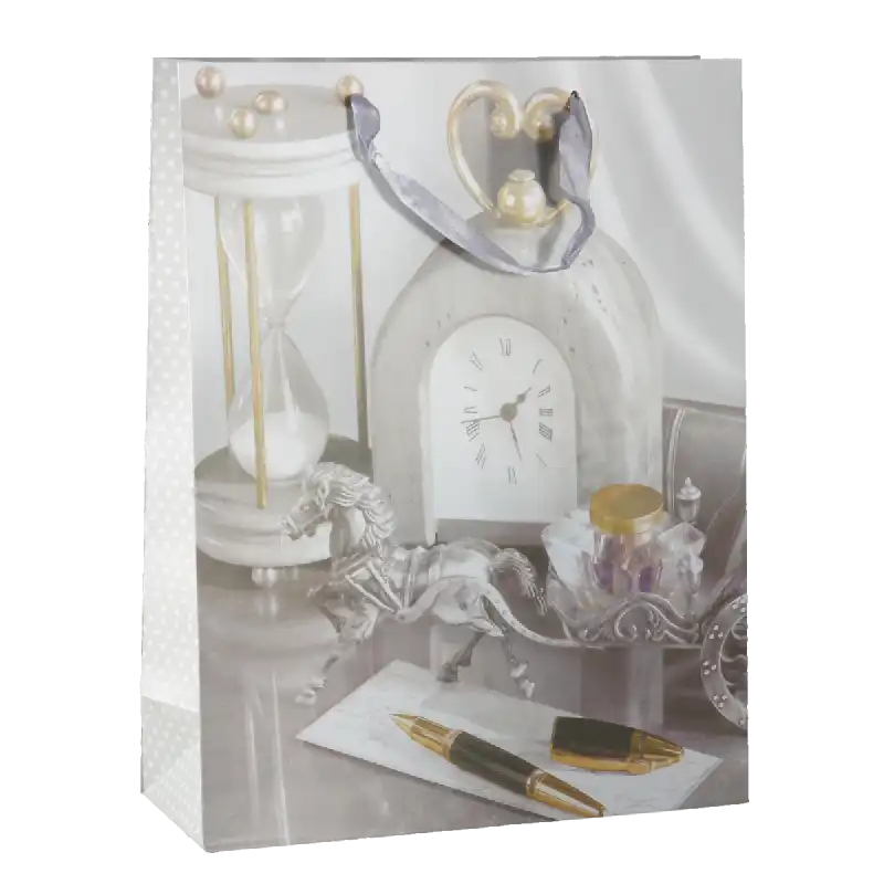 Pojemna torebka prezentowa o wymiarach 40x31x12 cm z eleganckim nadrukiem w odcieniach szarości. Idealna na upominki dla niego.