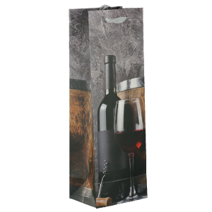 Pionowe ujęcie torebki prezentowej na wino z wyraźnym nadrukiem tematycznym na całej powierzchni frontowej.