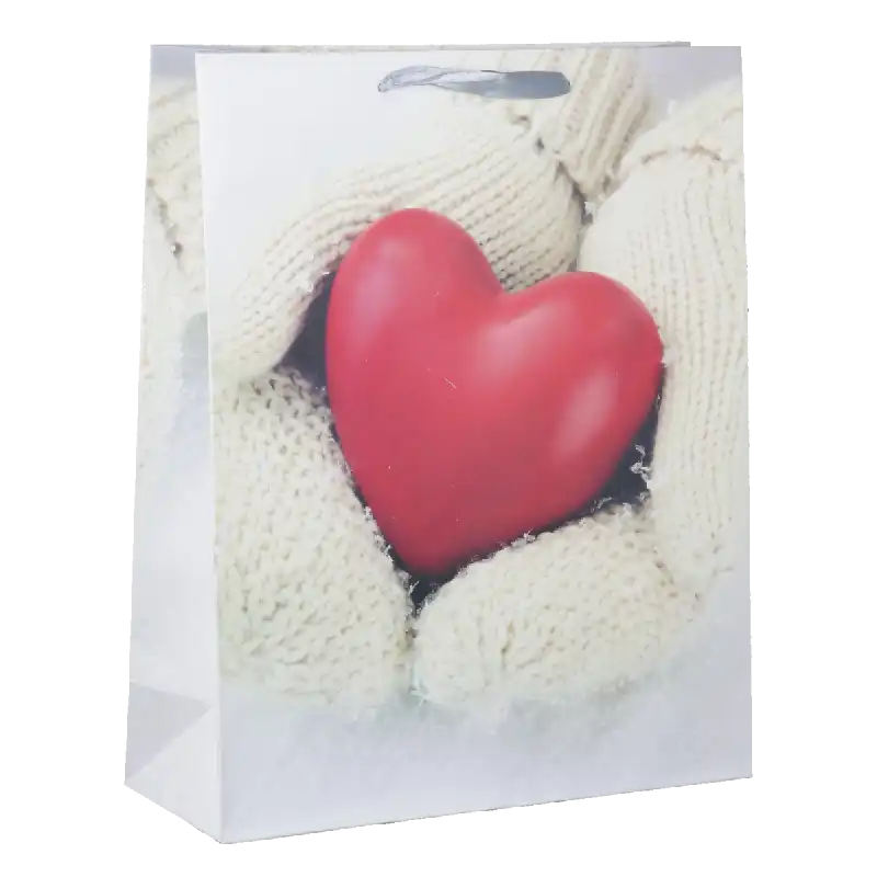 Torebka prezentowa o wymiarach 32x26x10 cm z motywem dłoni trzymających serce. Estetyczne opakowanie na drobne podarunki z eleganckim wykończeniem.
