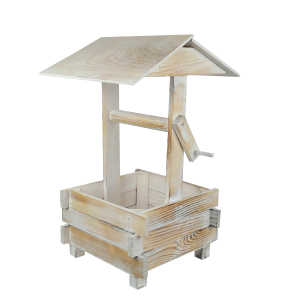 Kwietnik STUDNIA 48 cm w kolorze przepalanym białym przecieranym. Drewniana dekoracja ogrodowa o wymiarach 48x32x29 cm z widocznym dachem i korbą.