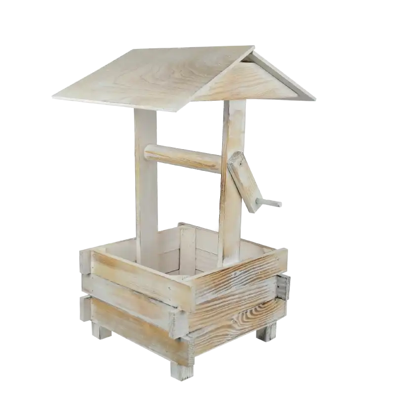 Kwietnik STUDNIA 48 cm w kolorze przepalanym białym przecieranym. Drewniana dekoracja ogrodowa o wymiarach 48x32x29 cm z widocznym dachem i korbą.