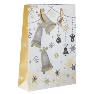 Świąteczna torebka prezentowa 33x27x12 cm z estetycznym nadrukiem dzwoneczków, złotym uchwytem z tasiemki oraz brokatowym wykończeniem.