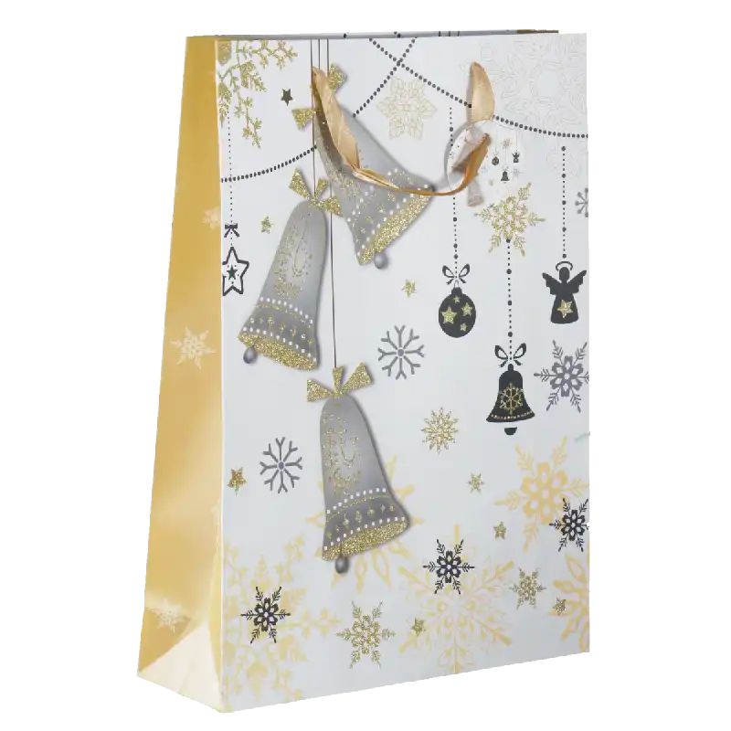 Świąteczna torebka prezentowa 33x27x12 cm z estetycznym nadrukiem dzwoneczków, złotym uchwytem z tasiemki oraz brokatowym wykończeniem.